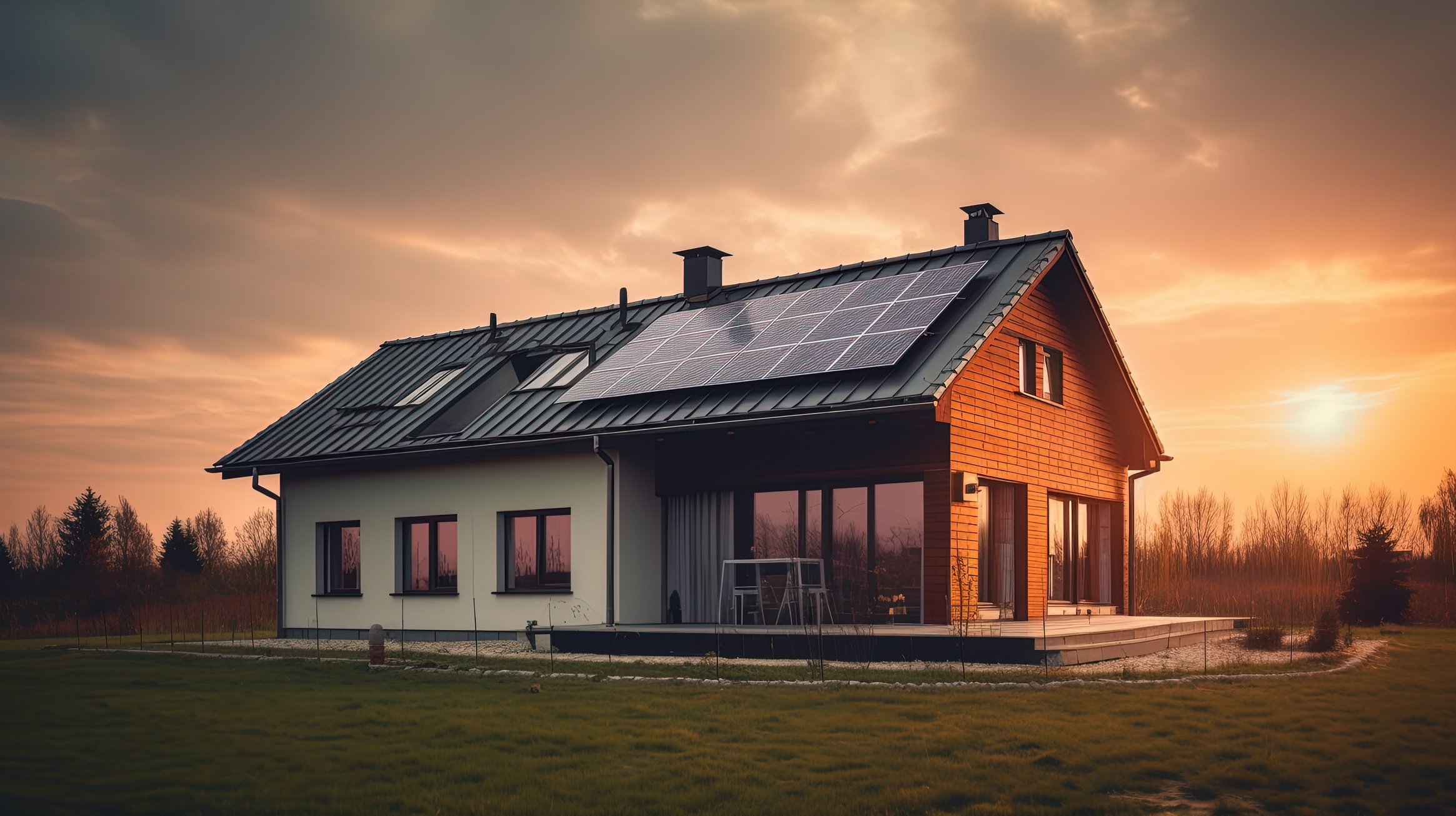 house with solar panels and sunrise solar energy system S